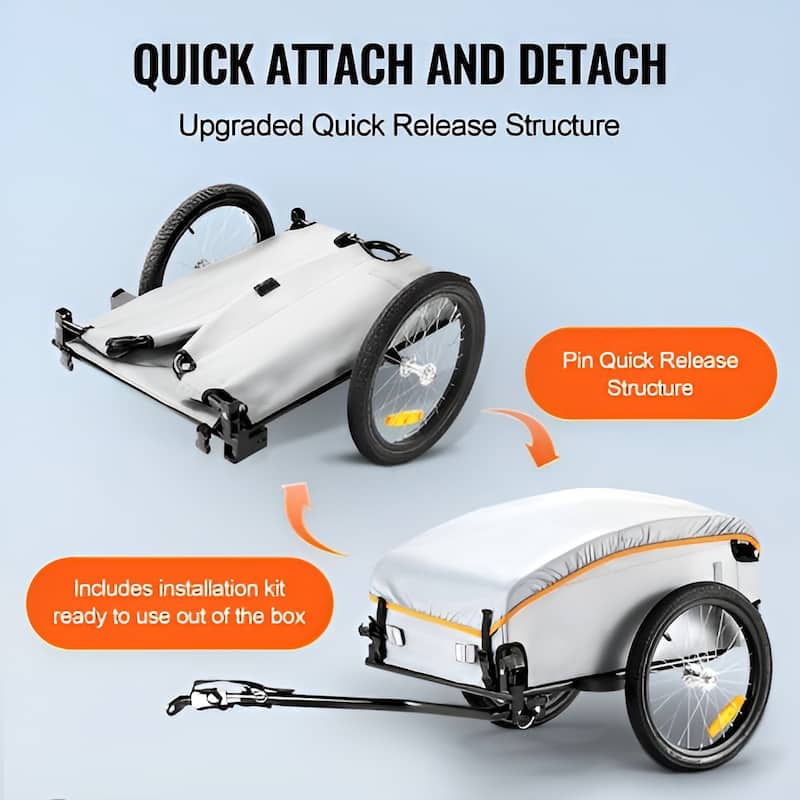 Grey Steel Bike Cargo Trailer, 100lb Load, Foldable and Rain Cover - 53.15” L x 24.80” W x 20.67” H
