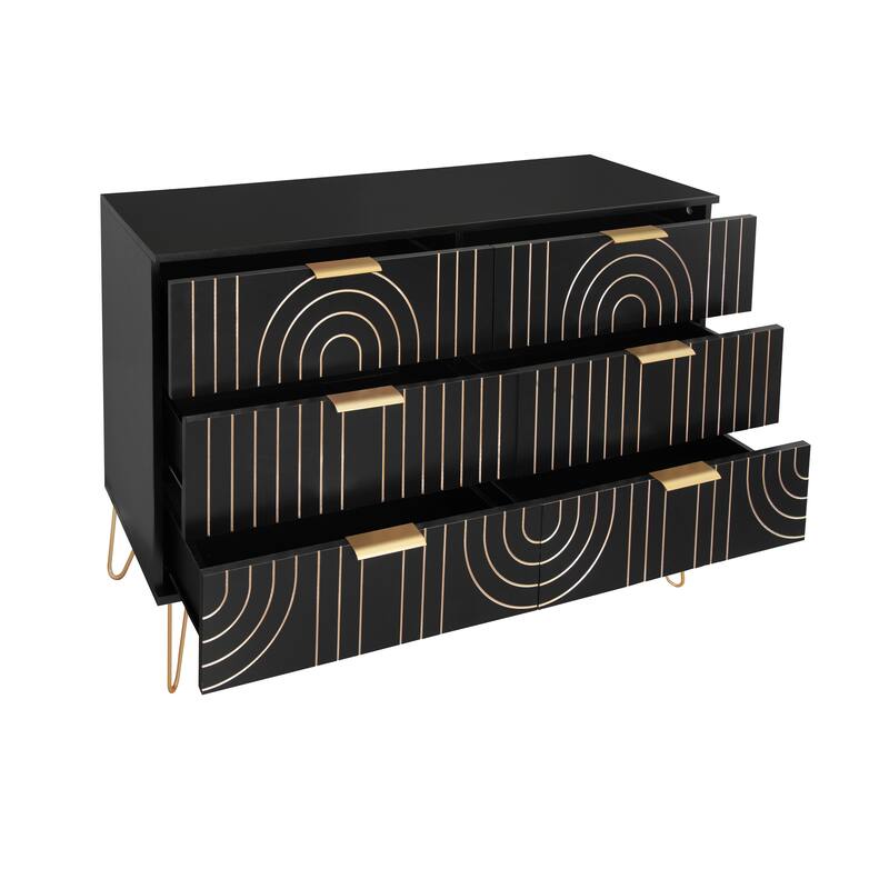 Contemporary 6-Drawer Dresser with Metal Handles and Carved Details for Living Room