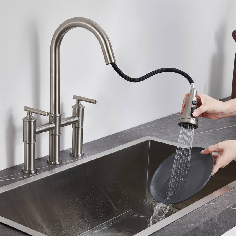 Clihome 3-Function Stainless PullDown Kitchen Heritage Bridge Faucet