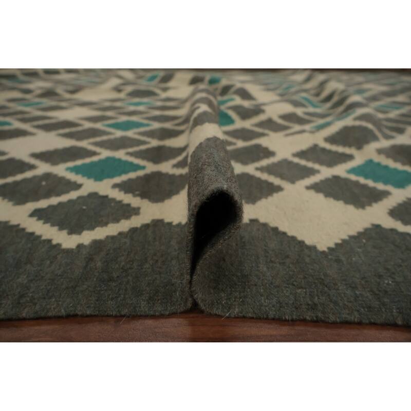 Hand Woven Oriental 100% Wool Carpet Southwestern Tribal Greys & Charcoal Kilim Area Rug - 9' 9'' X 6' 9''