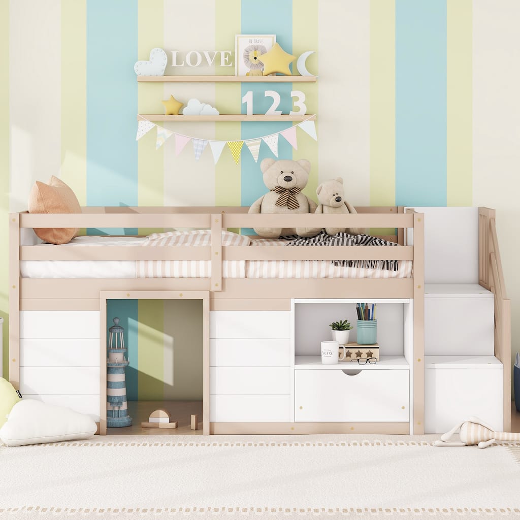 Twin Size Solid Wood Low Loft Bed with Stairs, Drawers and Shelves