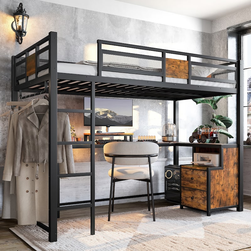 Twin XL Loft Bed with Desk and Storage Non-woven Fabric Drawers with Ladders, Nosie-free and No Spring Box Needed - Black
