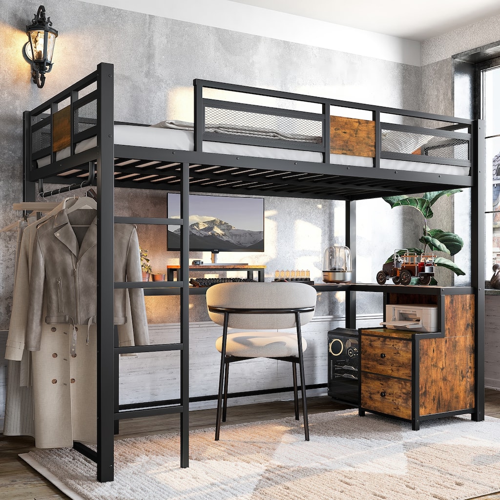 Twin XL Loft Bed with Desk and Storage Non-woven Fabric Drawers with Ladders, Nosie-free and No Spring Box Needed
