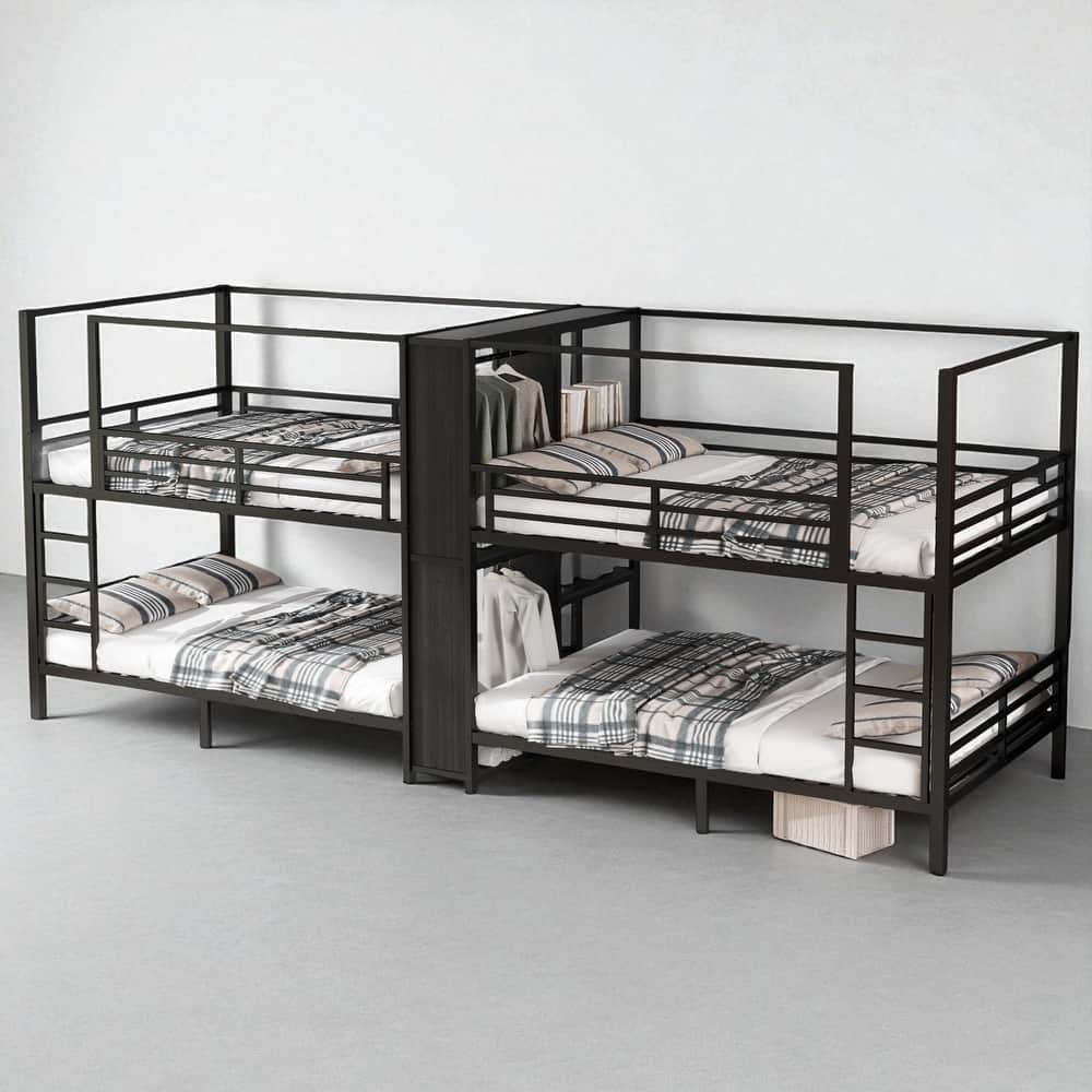 Quadruple Metal Bunk Bed Twin/Full/Queen with Storage Shelves and Wardrobe, Heavy-Duty Frame with Guardrails