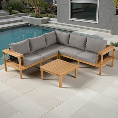 4-Piece Acacia Wood Outdoor Sectional Sofa Set with Mesh Armrests and Cushions, Coffee Table and Side Table