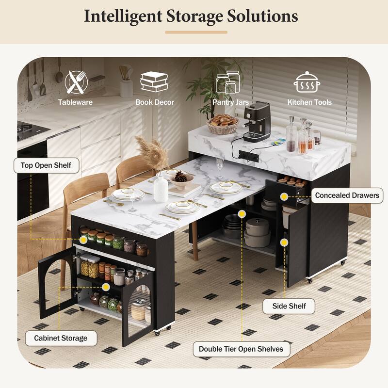 Rolling Kitchen Island with Extendable Table, Drawers, Power Outlet and Brake lock, Storage Cabinet