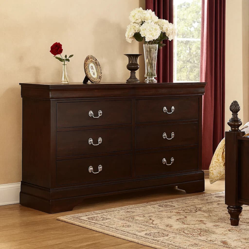 Nim 58 Inch Wide 6 Drawer Dresser, Nickel Bail Handles, Cappuccino Brown