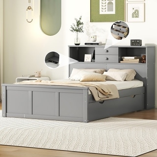 Full Size Wood Pltaform Bed with Twin Size Trundle, 3 Drawers, Upper Shelves and a set of USB Ports & Sockets