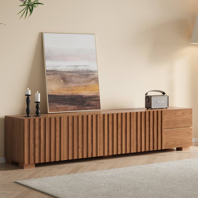 79" Mid-Century Modern TV Stand - Wood Media Console, Living Room Entertainment Center with Ample Storage - Brown Wood
