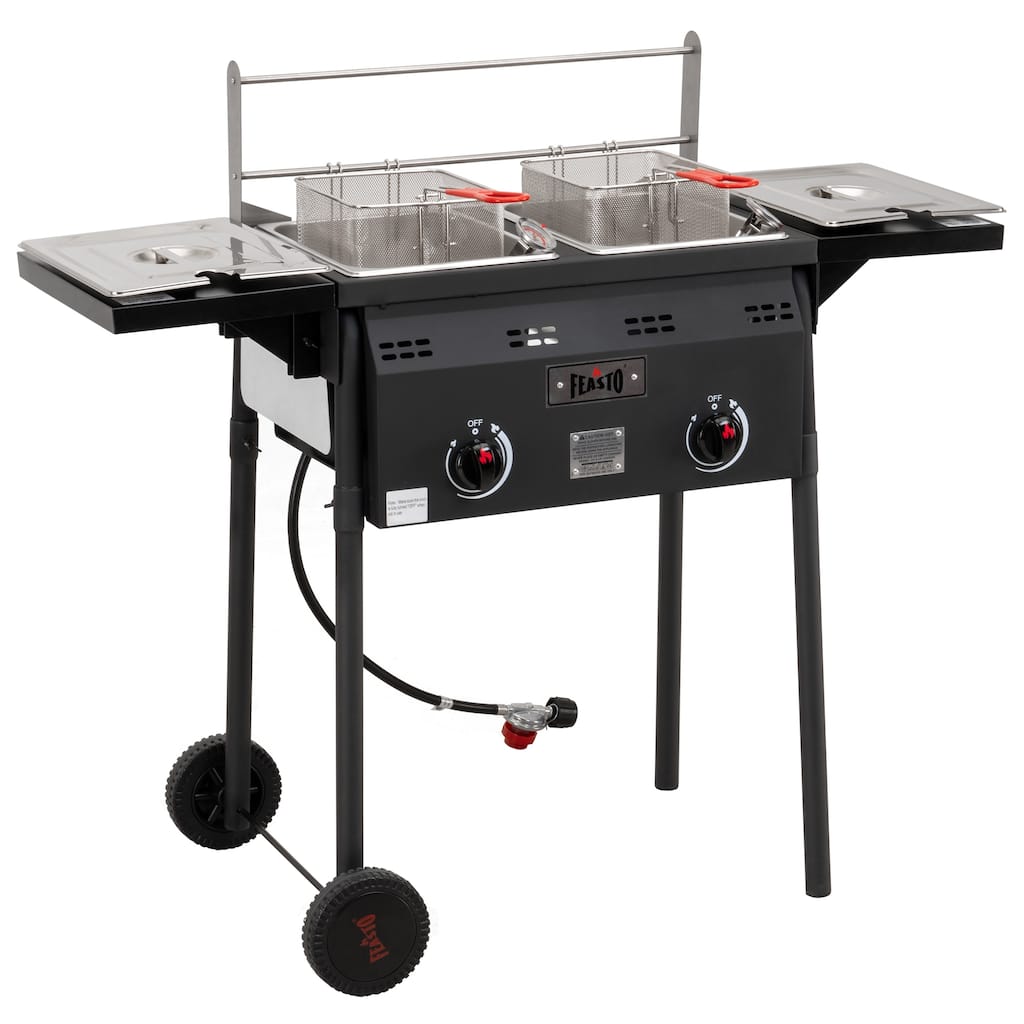 Feasto Dual Tank Propane Deep Fryer, 50000 BTU, Cast Iron Burners, Thermometers, Removable Pot, Baskets, Lids, Movable Cart