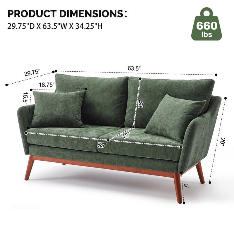 Linen Blend Mid-Century Modern Small Spaces Loveseat Two-Seater Sofa With Solid Wood Base