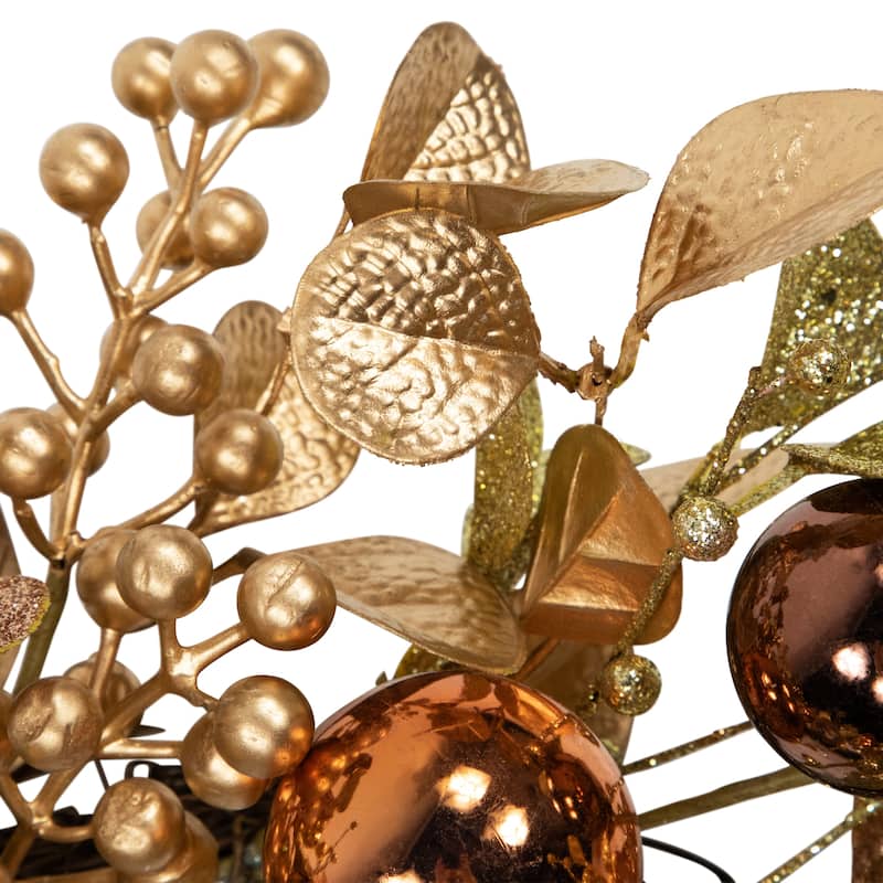 Glitter Leaf Artificial Christmas Twig Wreath with Ball Ornaments - 24" - Copper - Unlit