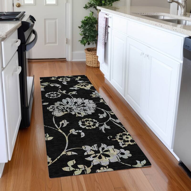 Premium Washable Super Soft Floral Whimsy Mayfield Rug - Black - 2'3" x 7'6"