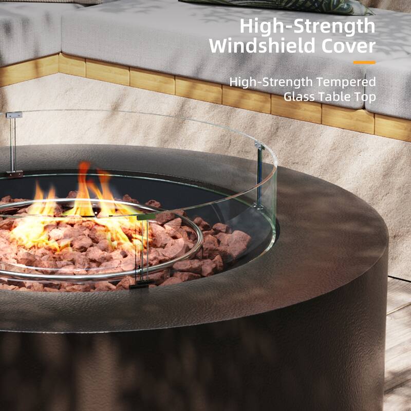 Patio Watcher Outdoor 42in. Iron Fire Pit Table with Propane Tank Cover and Glass Wind Guard