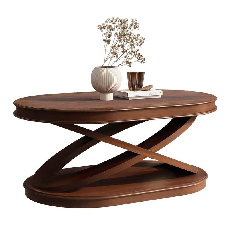 Solid Wood Oval Coffee Table with X-Shaped Base for Living Room Use
