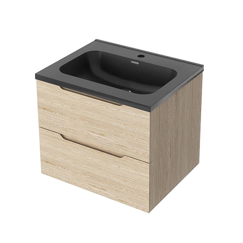 Floating Bathroom Vanity in Evita Oak with Integrated Quartz Sand Top