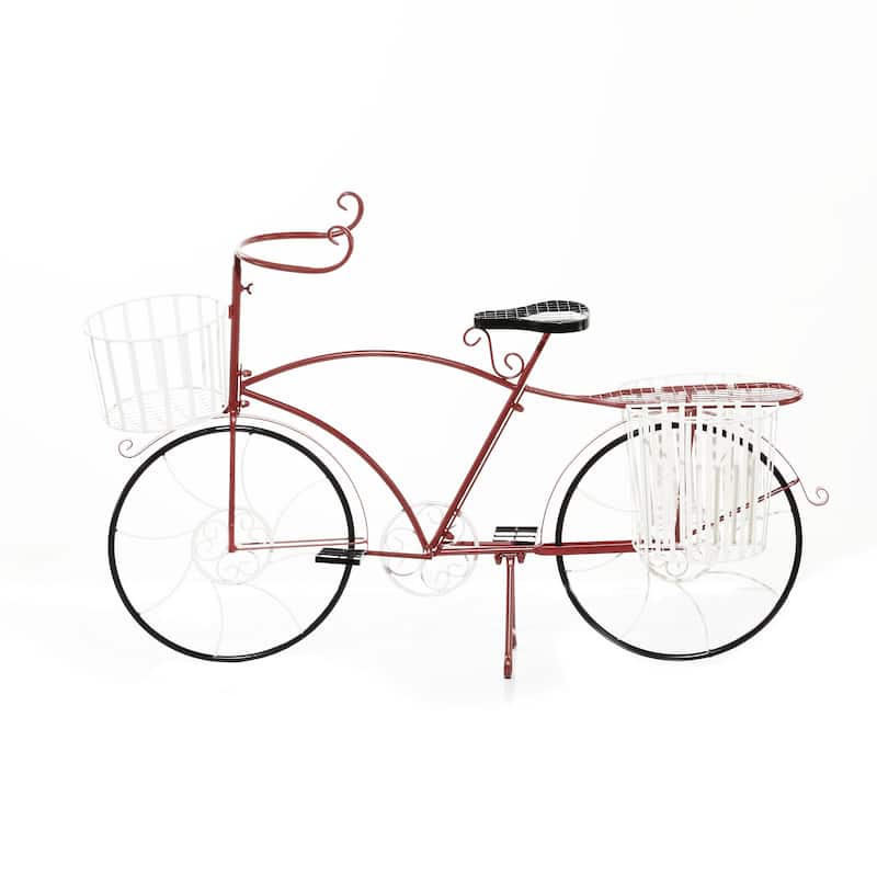 Metal Bike Indoor Outdoor Plantstand with Basket and Saddle Bag Planters - Red - Roche River Decor