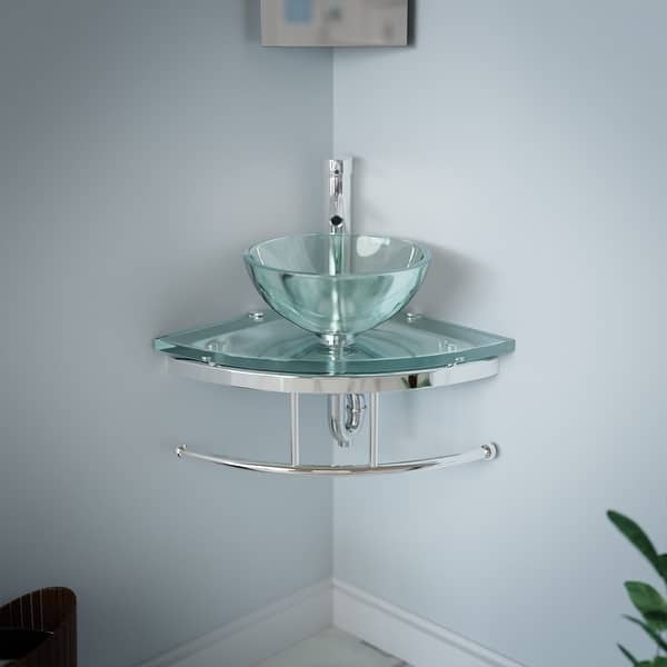 slide 2 of 17, Talula 25 Inch Clear Glass Corner Vessel Sink with Faucet, Drain and Towel Bar - Renovators Supply