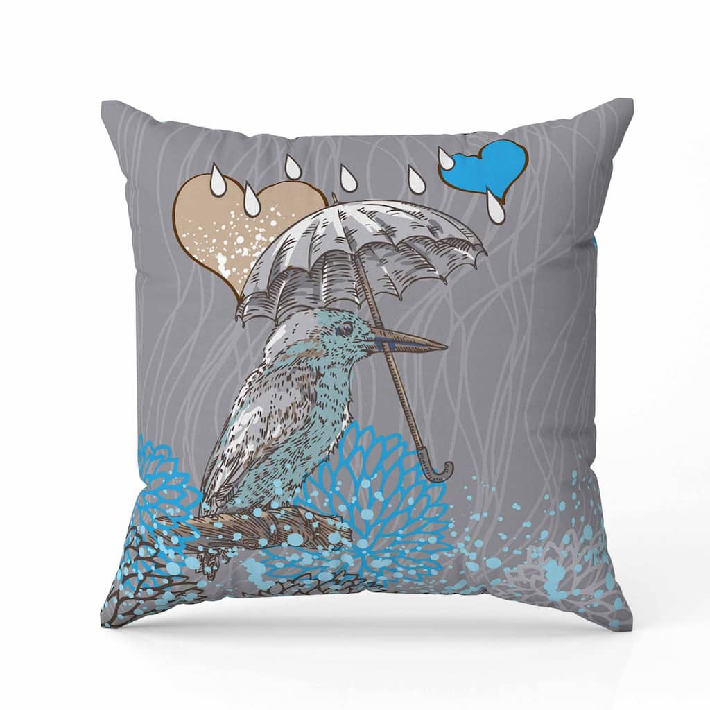 Bird with Umbrella Faux Suede Reversible Throw Pillow Gray and Blue