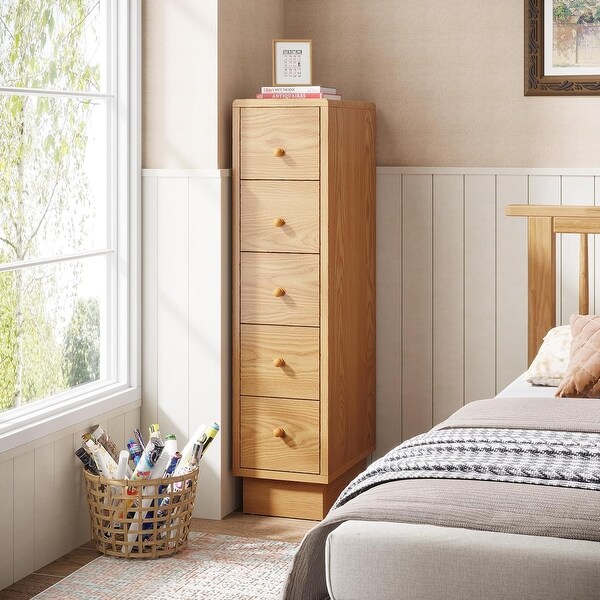 5 Drawer Wood Narrow Dresser for Bedroom for Small Spaces Bathroom Oak