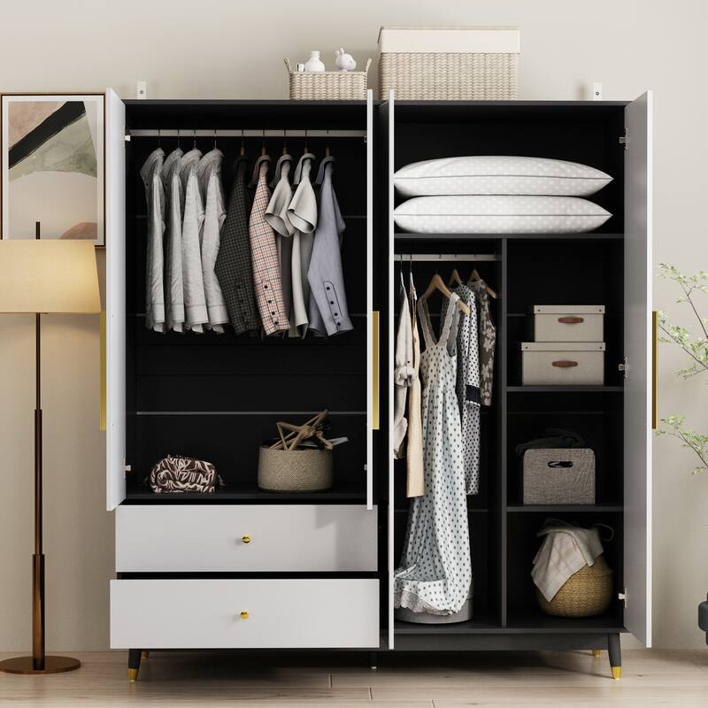 Wooden 2 Drawers 4 Doors Wardrobe Armoire With Mirror (Gray/Black)