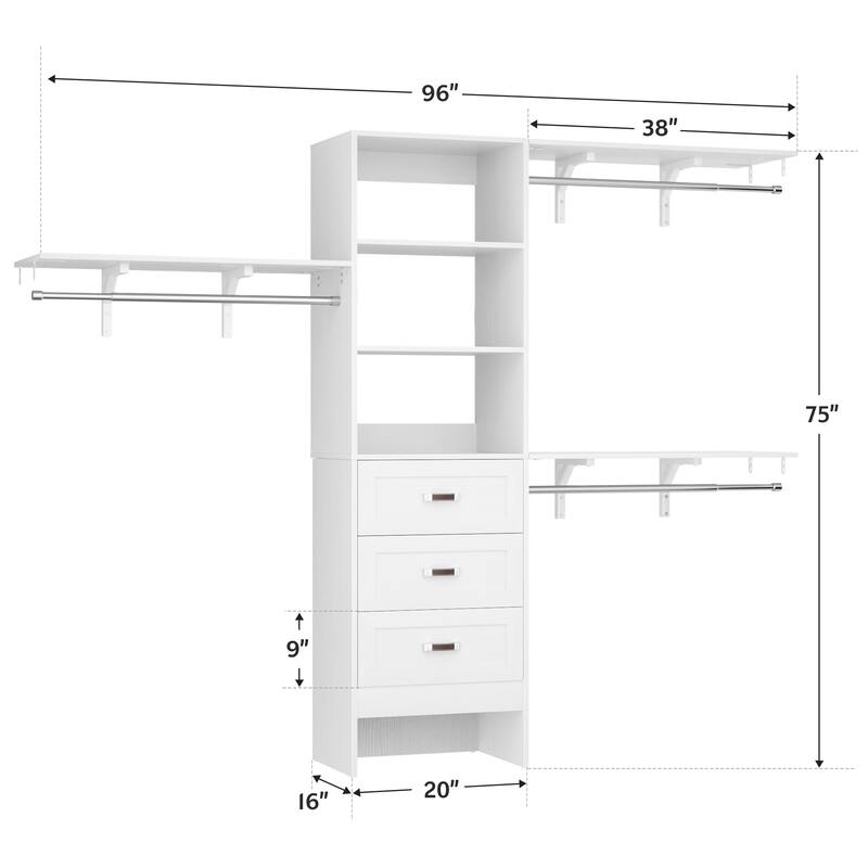 96'' Adjustable Closet Organizer with Drawers, Closet System with Hanging Rods and Storage Shelves
