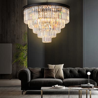 Modern Crystal Chandelier, Black Luxury Adjustable Pendant Light for Living Room(Bulbs Included)