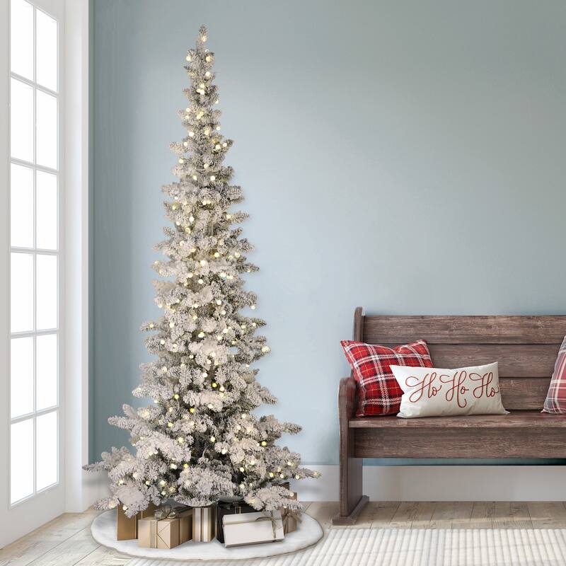 Puleo International 7.5' Pre-Lit Flocked Slim Whistler Pine Christmas Tree - 7.5