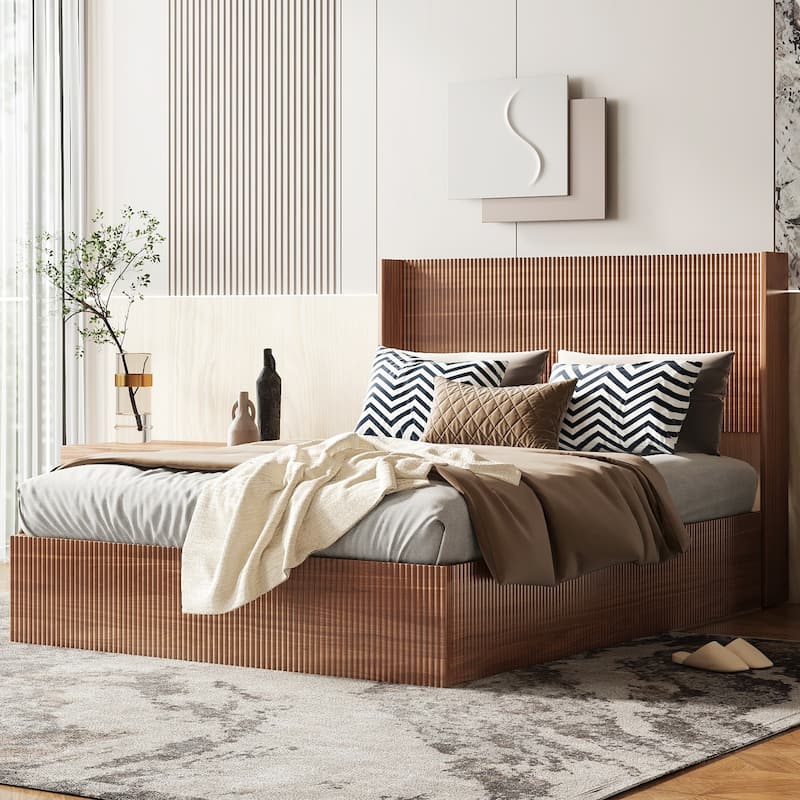 Wooden Platform Bed Frame with Lift Storage - Queen