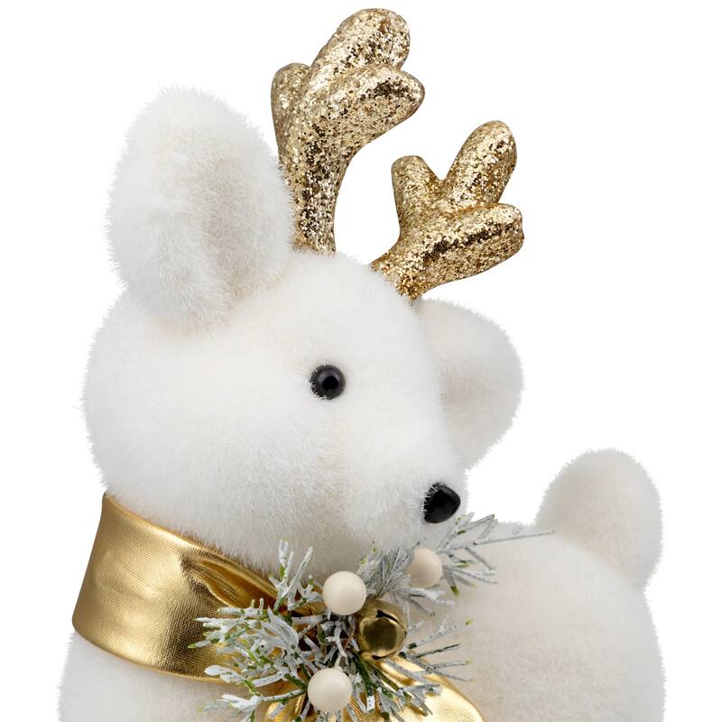 Glittered Standing Deer with Jingle Bell Christmas Figure - 12.25" - White and Gold
