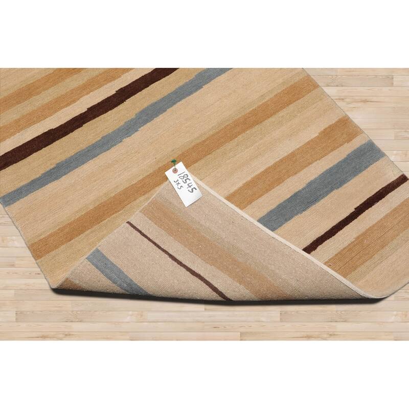Hand Knotted Tibetan Beige,Tan Striped Wool Modern Oriental Area Rug - 3' x 5'