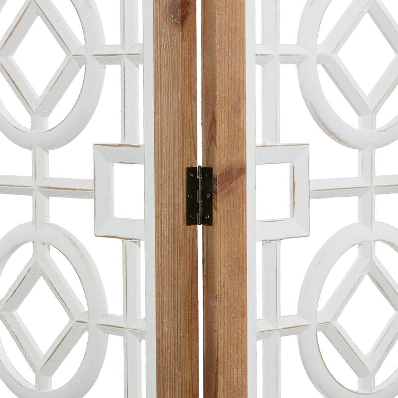 Wood Geometric Hinged Foldable Partition 3 Panel Room Divider Screen with Intricately Carved Designs - White - Roche River Decor
