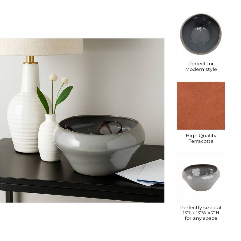 Decorative Round Glazed Terracotta Bowl -13", Gray - 13.0"