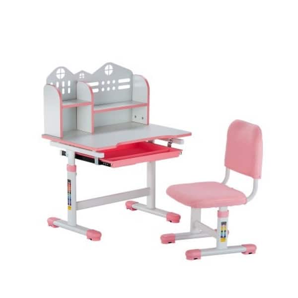 slide 2 of 16, Pink Height Adjustable Kids Study Chair and Desk with Bookshelf and Drawer - 27.56 x 19.69 x (20.87 - 27.95) in Pink