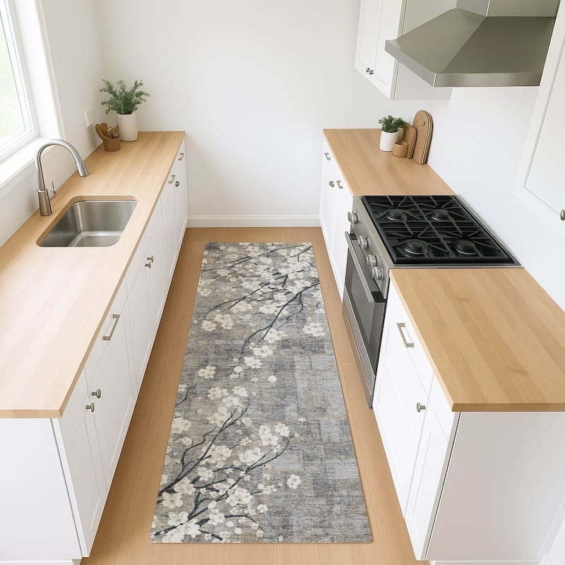 Machine Washable Indoor/ Outdoor Modern Floral Chantille Rug