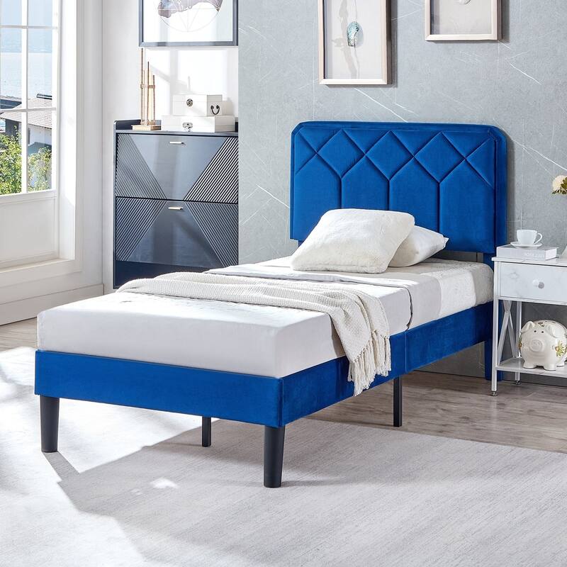 2 Pcs Upholstered Twin Size Platform Bed with Adjustable Headboard