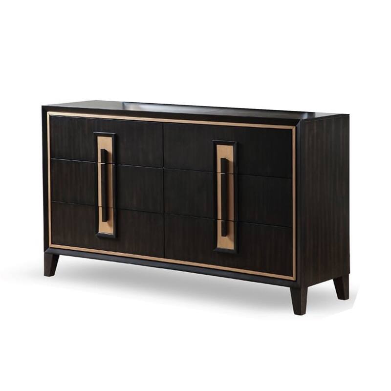 Yada Wide Dresser, 6 Drawers, Espresso Brown Solid Wood, Gold Metal