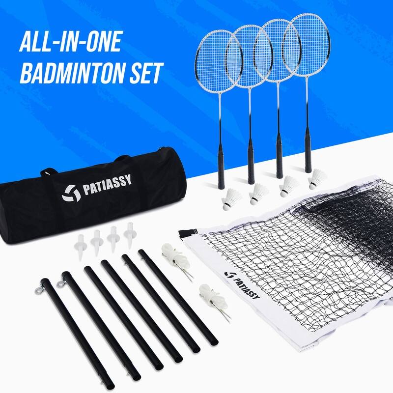 Badminton Set for Backyard, Portable Badminton Net with 4 Badminton Rackets, 4 Nylon Shuttlecocks and Carry Bag