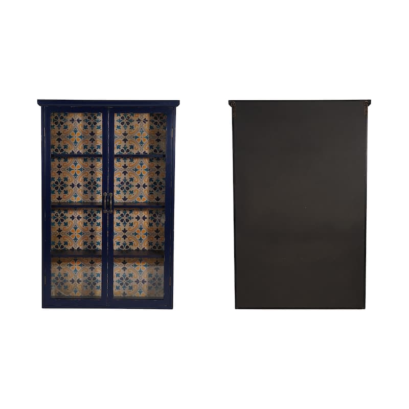 Wood and Glass Cabinet with 4 Shelves and Patterned Paper Back, Distressed Blue and Multicolor - 31.9"L x 8.6"W x 48.0"H - Black