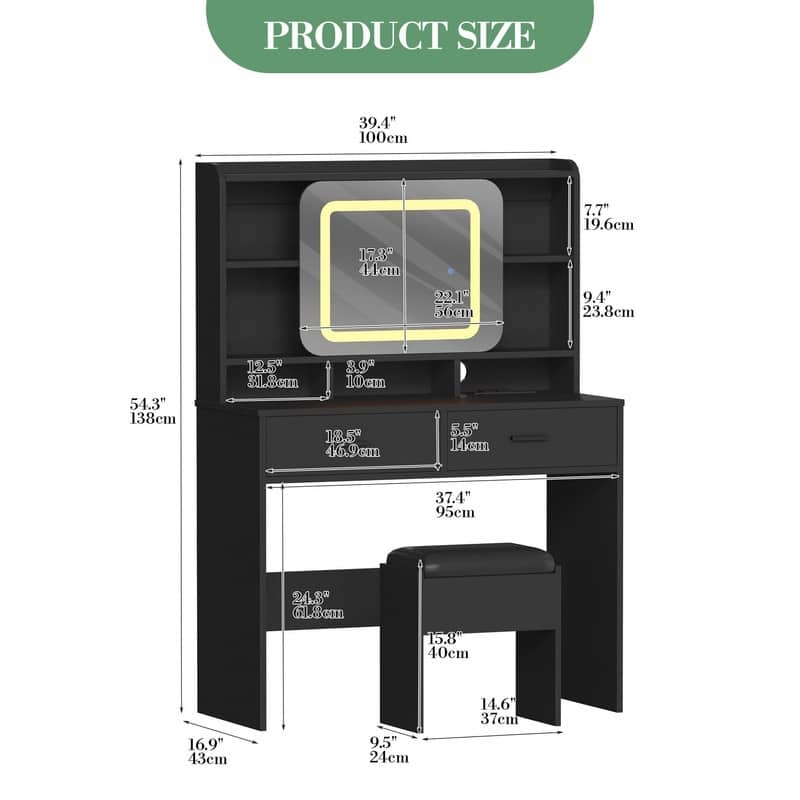 Vanity Desk with LED Mirror and Stool, Drawers, Storage Shelves, Charging Station