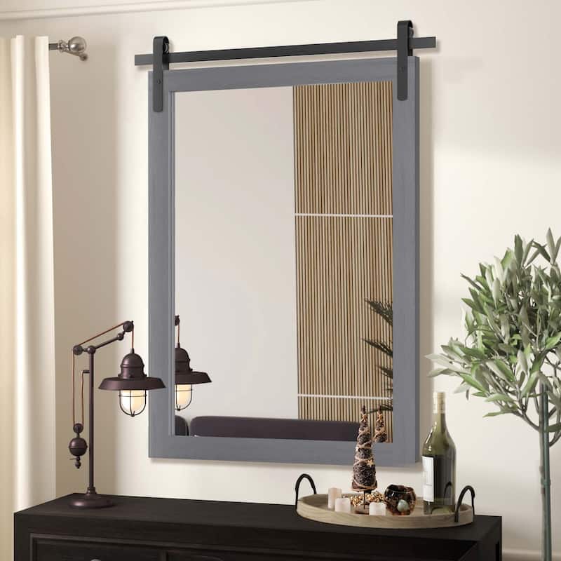 Rustic Farmhouse Rectangle Wood Frame Wall Mirror for Bathroom Vanity - 22W * 30H Inches - Grey