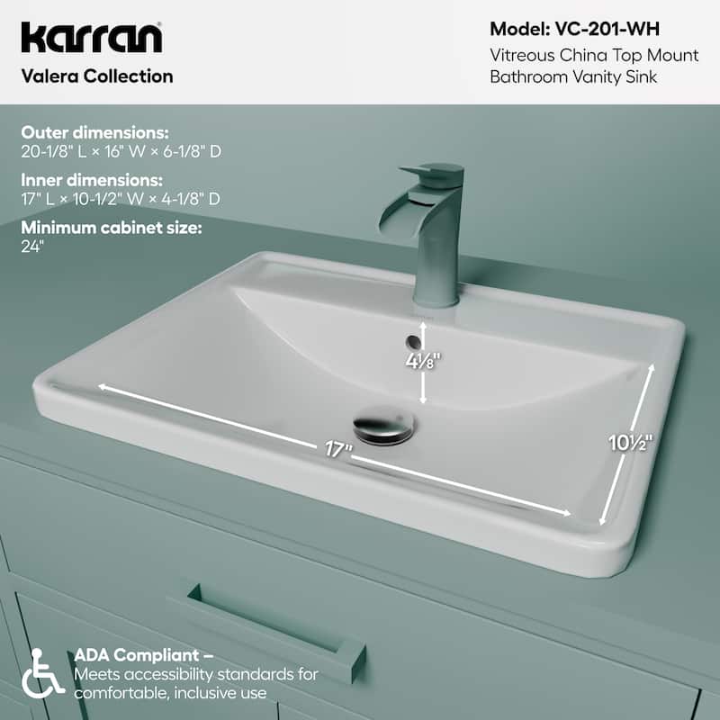 Karran Valera 21" Top Mount Vitreous China Bathroom Sink in White with Overflow Drain