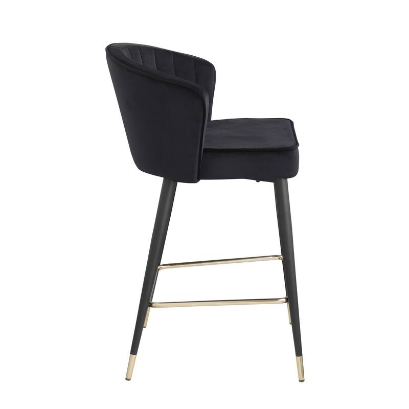 Velvet Upholstered Counter Height Stool with Deep Channel Tufting and Gold Tipped, Black Metal Legs, 20" W x 21" D x 36.5" H
