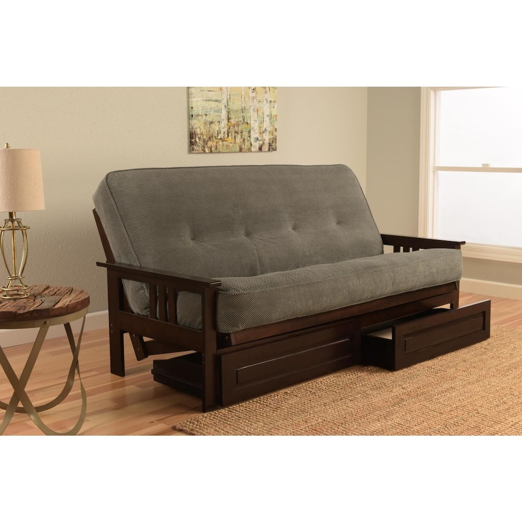79 in. Espresso/Marmont Thunder Polyester Upholstered Full Size Futon Set with Mattress and Storage Drawers