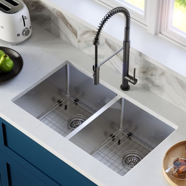 slide 2 of 12, Karran 32" Undermount Double Equal Bowl Stainless Steel Sink Kit