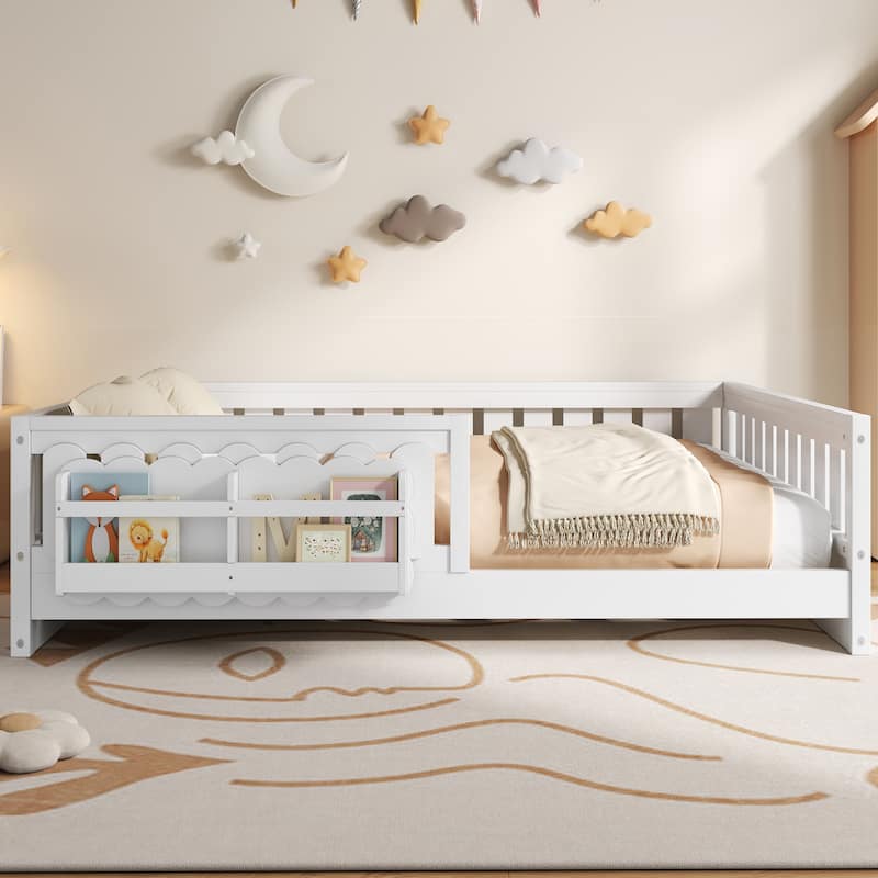 GDFStudio - Modern Wooden Full Size Platform Bed with Guardrail and Storage Shelves