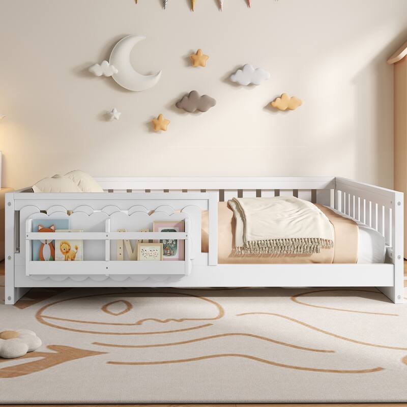 Roomfitters Full Size Wood Platform Bed with Guardrail and 2 Bookshelves