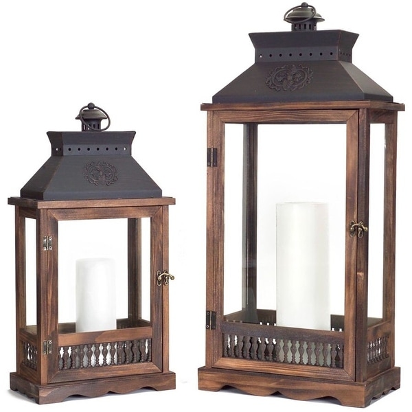 Set of 2 Wooden Country Rustic Vented Top Candle Lanterns 27.5” - N/A