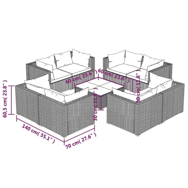 vidaXL Patio Lounge Set Outdoor Sectional Sofa Set Table Garden Poly Rattan - 27.6" x 27.6" x 23.8"