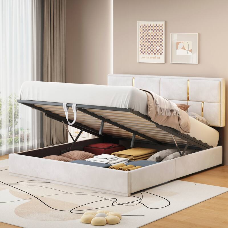 Queen Size Upholstered Platform Bed with Hydraulic Storage System